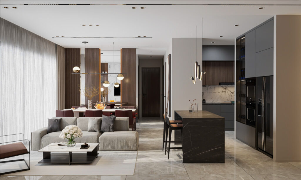 phòng khách căn hộ làm trần thạch cao